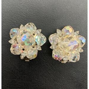 Vintage AB Aurora Borealis Crystal Cluster Clip On Earrings